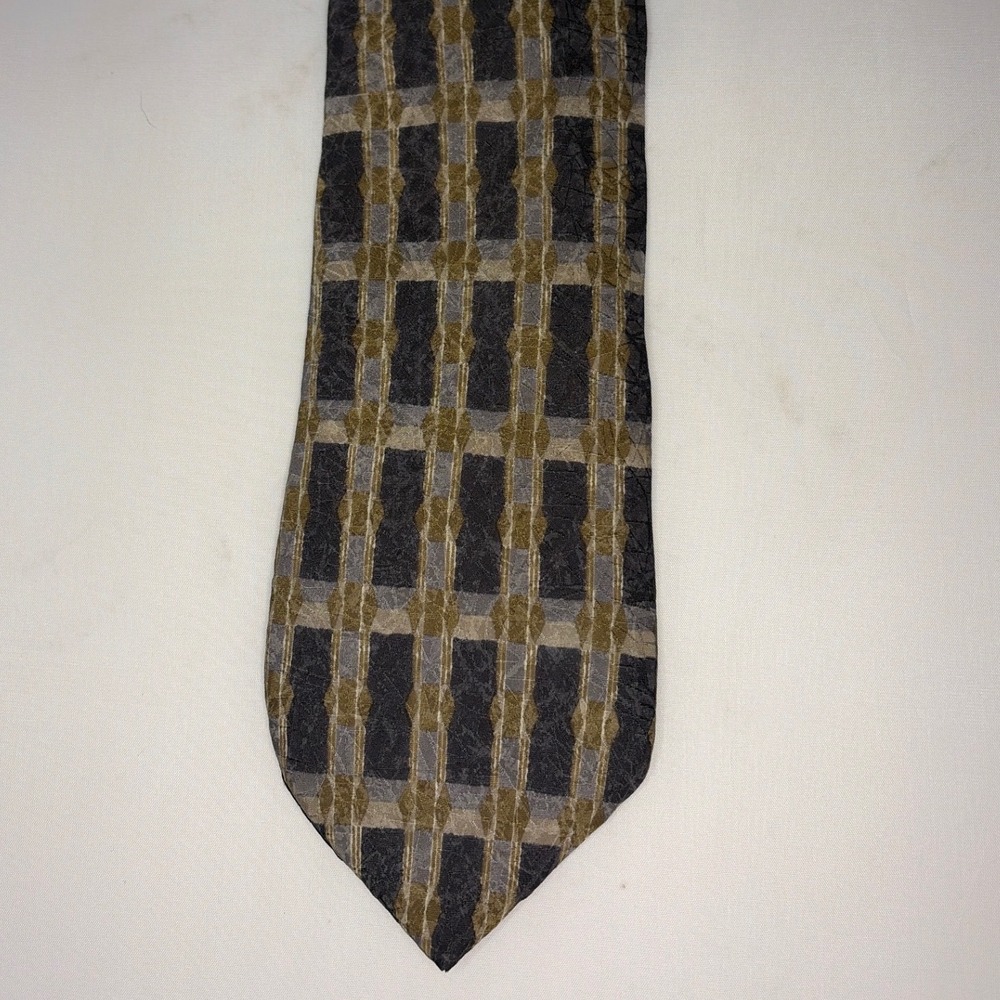Como Collezione Mens Silk Tie Geometric Grid Grey Olive Green Italian Fabric - Picture 1 of 4